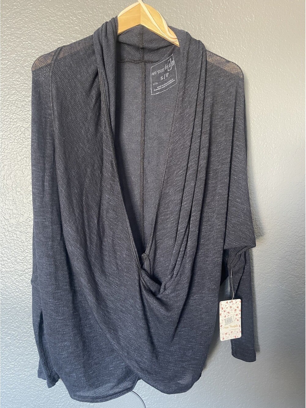 NWT We The Free People Knit Wrap Top Sz S Black Combo Blue OB462712 Shawl Collar